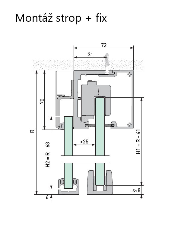 Kolejnice pro uchycení fixního panelu pro systémy automatických dveřích